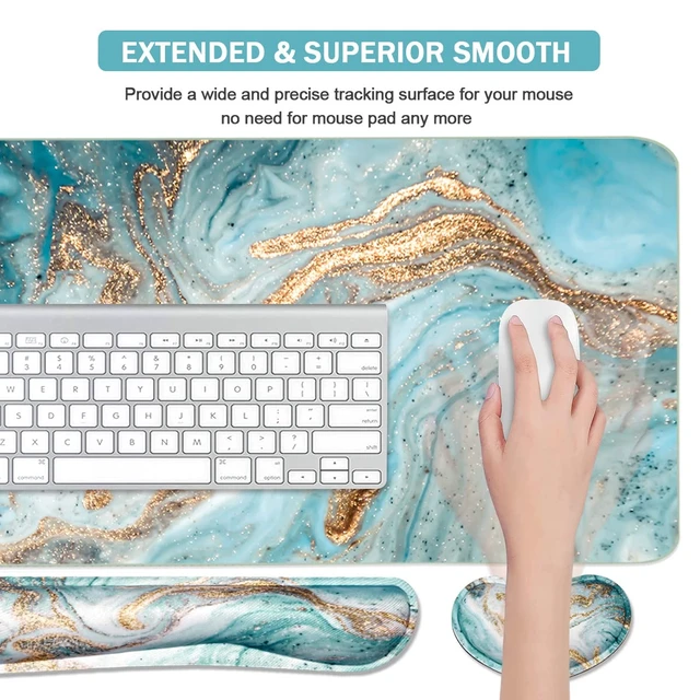 Alt view image 4 of 6 - Keyboard Mouse Pad Set, Extended Mouse Pad+Keyboard Wrist Rest Support, Memory Foam Ergonomic Easy Typing, 3Pcs (35.4×15.7 in) Desk Pad Set for Home Office Study Game-Green Marble