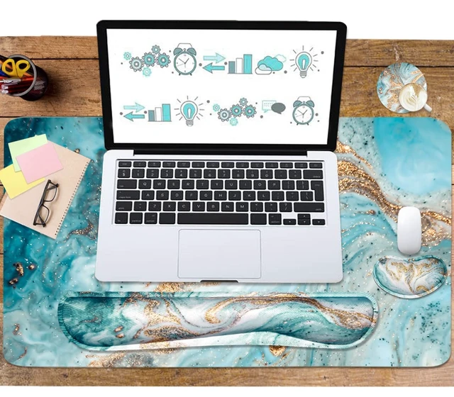 Alt view image 6 of 6 - Keyboard Mouse Pad Set, Extended Mouse Pad+Keyboard Wrist Rest Support, Memory Foam Ergonomic Easy Typing, 3Pcs (35.4×15.7 in) Desk Pad Set for Home Office Study Game-Green Marble