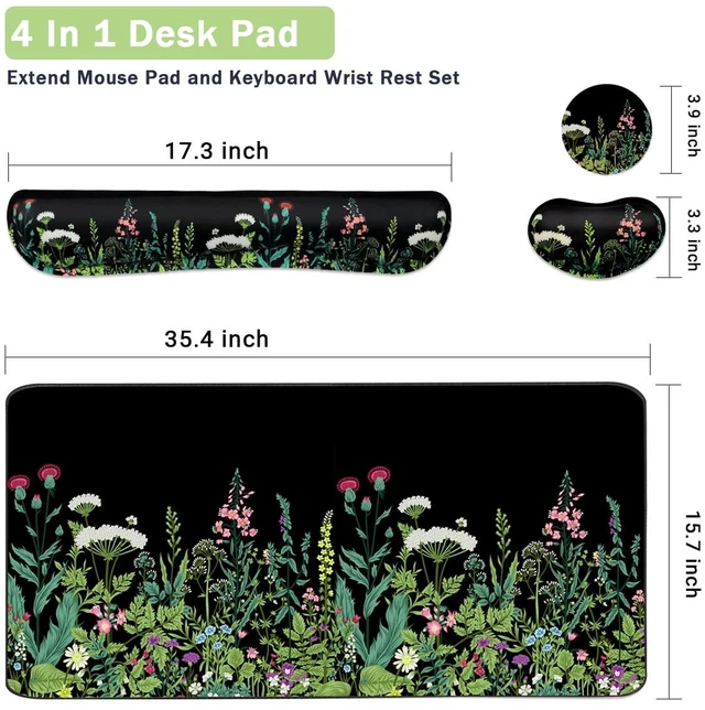 Alt view image 3 of 7 - Keyboard Mouse Pad Set, Extended Mouse Pad+Keyboard Wrist Rest Support, Memory Foam Ergonomic Easy Typing, 3Pcs (35.4×15.7 in) Desk Pad Set for Home Office Study Game - Weeds