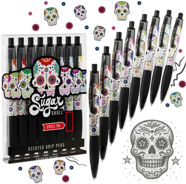 Main image of Sugar Skull Smens - Patented Gourmet Scented Pens, Black Ink, Medium Point - 8 Count