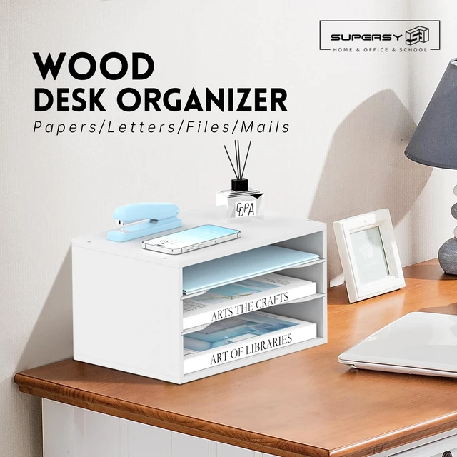 Alt view image 2 of 6 - 3 Tier Wood Desk Organizer, Mail Sorter and Paper Organizer for Desk, White Wooden Desktop Organizer for Sorting Papers, Letters and Mails, Literature Organizer for Home Office, Classroom Organization