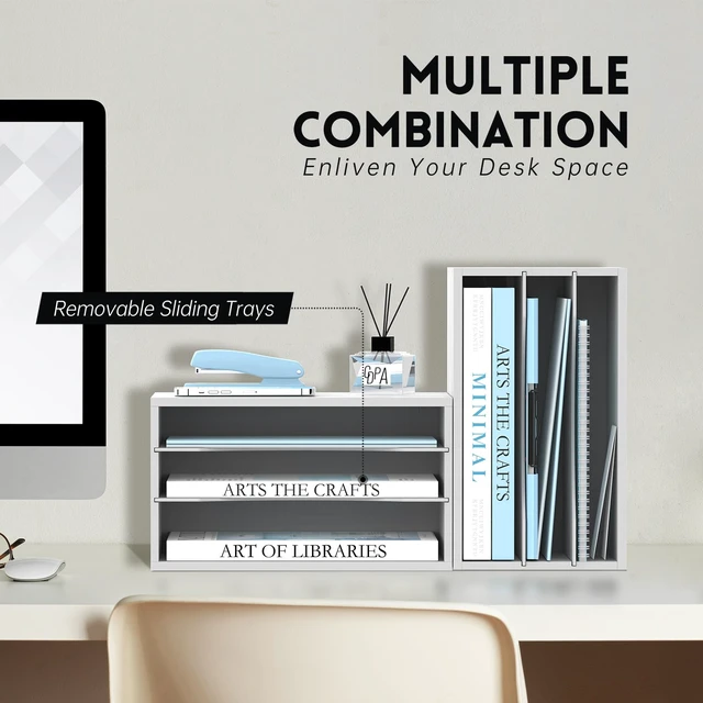 Alt view image 4 of 6 - 3 Tier Wood Desk Organizer, Mail Sorter and Paper Organizer for Desk, White Wooden Desktop Organizer for Sorting Papers, Letters and Mails, Literature Organizer for Home Office, Classroom Organization
