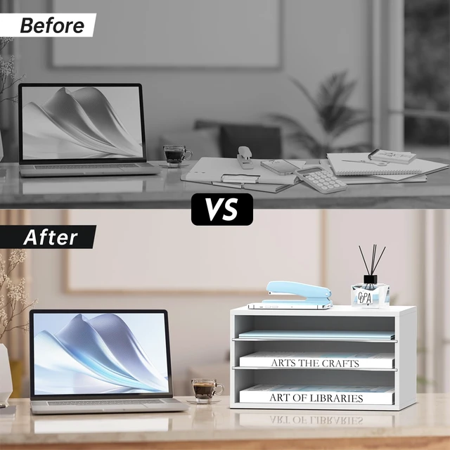 Alt view image 6 of 6 - 3 Tier Wood Desk Organizer, Mail Sorter and Paper Organizer for Desk, White Wooden Desktop Organizer for Sorting Papers, Letters and Mails, Literature Organizer for Home Office, Classroom Organization
