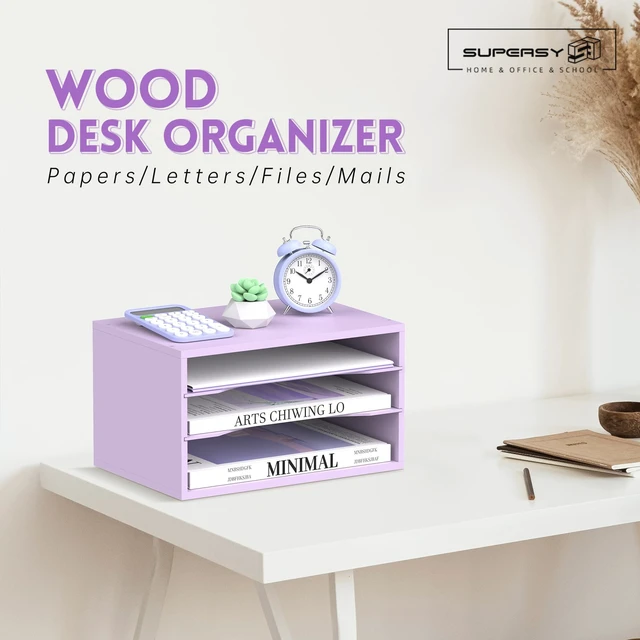 Alt view image 2 of 6 - 3 Tier Wood Desk Organizer, Paper Organizer for Desk, Purple Wooden Desktop Organizer for Sorting Papers, Letters and Mails, Literature Organizer for Home Office, Classroom Organization