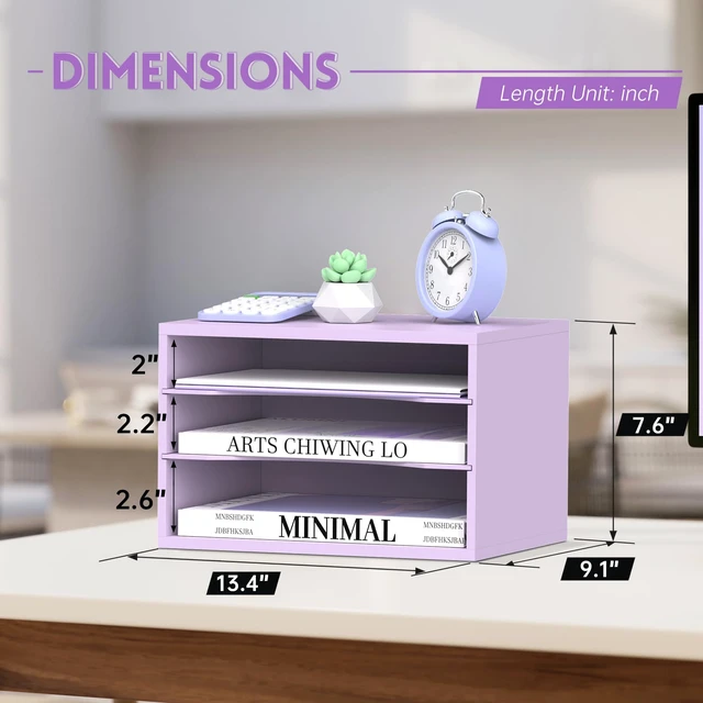 Alt view image 3 of 6 - 3 Tier Wood Desk Organizer, Paper Organizer for Desk, Purple Wooden Desktop Organizer for Sorting Papers, Letters and Mails, Literature Organizer for Home Office, Classroom Organization