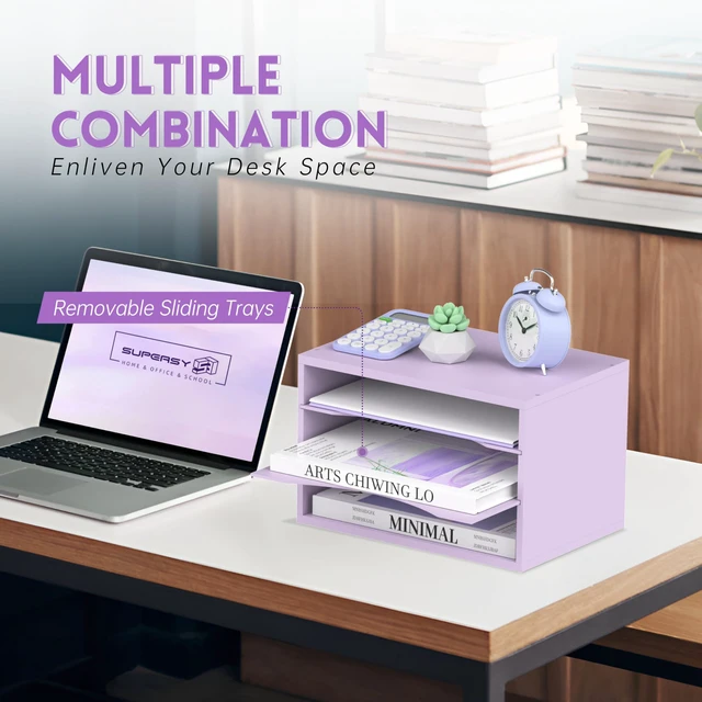 Alt view image 4 of 6 - 3 Tier Wood Desk Organizer, Paper Organizer for Desk, Purple Wooden Desktop Organizer for Sorting Papers, Letters and Mails, Literature Organizer for Home Office, Classroom Organization