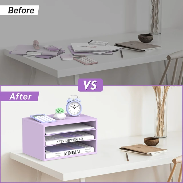 Alt view image 6 of 6 - 3 Tier Wood Desk Organizer, Paper Organizer for Desk, Purple Wooden Desktop Organizer for Sorting Papers, Letters and Mails, Literature Organizer for Home Office, Classroom Organization