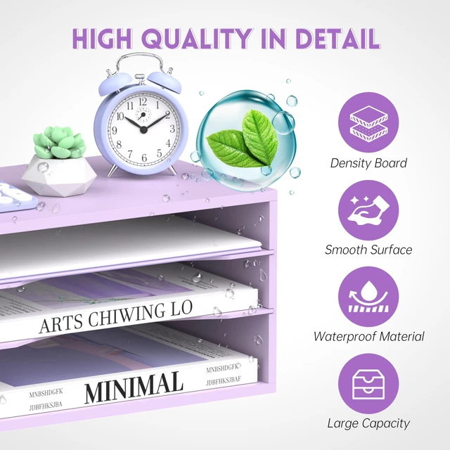 Alt view image 5 of 6 - 3 Tier Wood Desk Organizer, Paper Organizer for Desk, Purple Wooden Desktop Organizer for Sorting Papers, Letters and Mails, Literature Organizer for Home Office, Classroom Organization