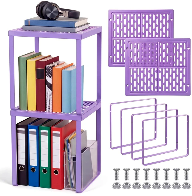 Main image of 2 Pcs Metal Locker Organizer Shelf Stackable 2-Tier, Purple Fits Standard School Office Gym Lockers, Sturdy Build, Open Grid Design for Visibility, 11x10x12 Inch Size, Hardware Included