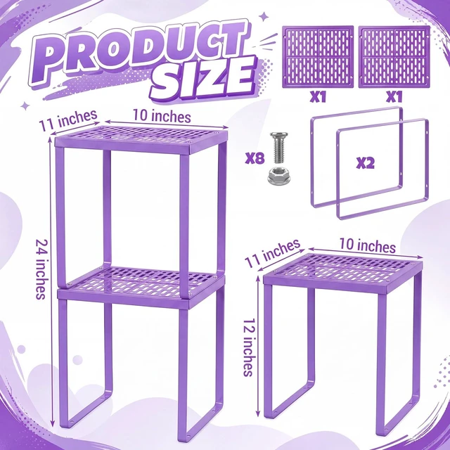 Alt view image 3 of 7 - 2 Pcs Metal Locker Organizer Shelf Stackable 2-Tier, Purple Fits Standard School Office Gym Lockers, Sturdy Build, Open Grid Design for Visibility, 11x10x12 Inch Size, Hardware Included