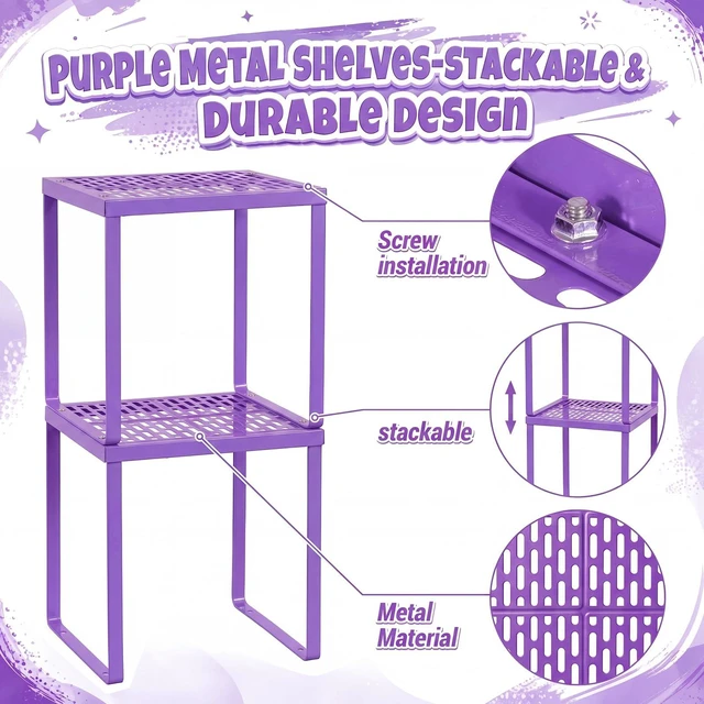 Alt view image 4 of 7 - 2 Pcs Metal Locker Organizer Shelf Stackable 2-Tier, Purple Fits Standard School Office Gym Lockers, Sturdy Build, Open Grid Design for Visibility, 11x10x12 Inch Size, Hardware Included