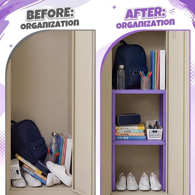 Alt view image 5 of 7 - 2 Pcs Metal Locker Organizer Shelf Stackable 2-Tier, Purple Fits Standard School Office Gym Lockers, Sturdy Build, Open Grid Design for Visibility, 11x10x12 Inch Size, Hardware Included