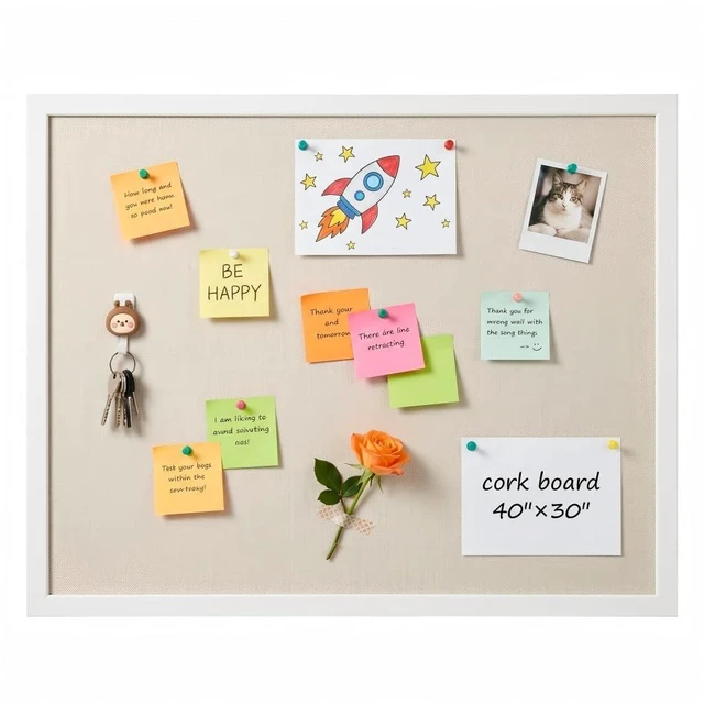 Main image of White Bulletin Board with Pine Wood Frame and Linen Surface 40x30 Large Cork Boards for Walls, Wall Mounted Notice Board for Home Office School, Vision Board Message Organizer, White