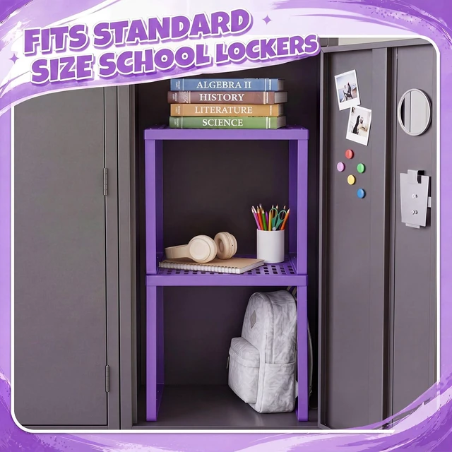 Alt view image 6 of 7 - 2 Pcs Metal Locker Organizer Shelf Stackable 2-Tier, Purple Fits Standard School Office Gym Lockers, Sturdy Build, Open Grid Design for Visibility, 11x10x12 Inch Size, Hardware Included