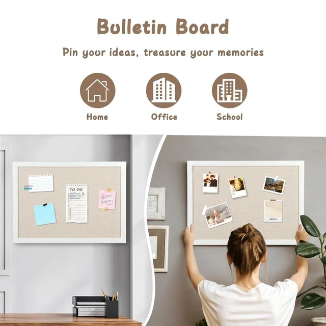 Alt view image 5 of 7 - White Bulletin Board with Pine Wood Frame and Linen Surface 40x30 Large Cork Boards for Walls, Wall Mounted Notice Board for Home Office School, Vision Board Message Organizer, White