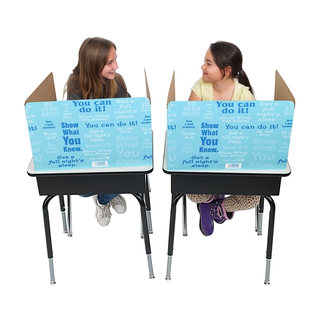 Alt view image 3 of 7 - Blue Privacy Shields for Student Desks, Set of 12 14" H x 22" W x 16" D, Ages 4+, PreK+, Desk Dividers with Motivational Messages