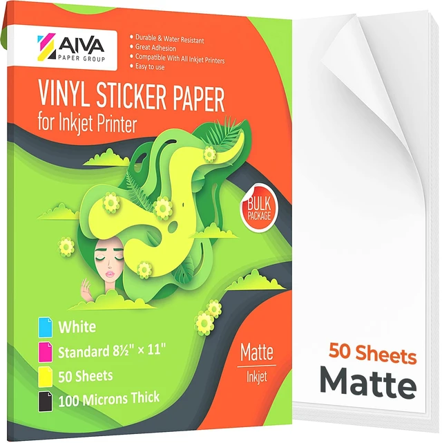Main image of Printable Vinyl Sticker Paper - Waterproof Decal Paper for Inkjet Printer - 50 Self-Adhesive Sheets - Matte White - Standard Letter Size 8.5"x11"