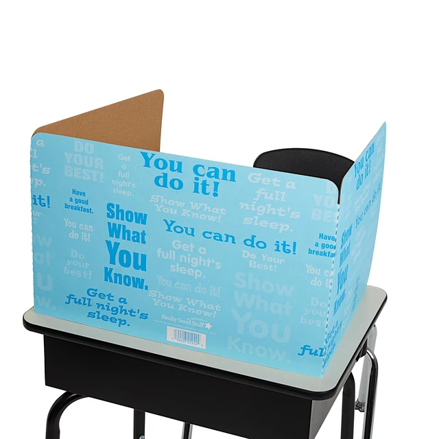 Alt view image 6 of 7 - Blue Privacy Shields for Student Desks, Set of 12 14" H x 22" W x 16" D, Ages 4+, PreK+, Desk Dividers with Motivational Messages