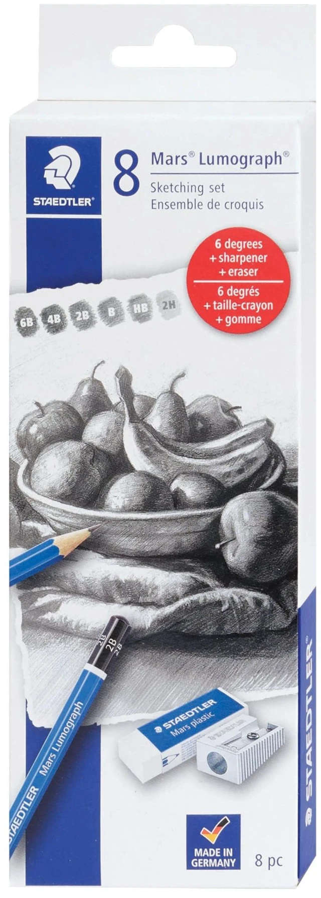 Main image of Mars Lumograph Sketching Set: 6 Pencils, Mini Eraser & Sharpener (6B, 4B, 2B, B, HB, 2H), Mini Mars Plastic Eraser, Metal Sharpener