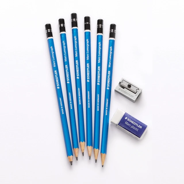 Alt view image 3 of 7 - Mars Lumograph Sketching Set: 6 Pencils, Mini Eraser & Sharpener (6B, 4B, 2B, B, HB, 2H), Mini Mars Plastic Eraser, Metal Sharpener