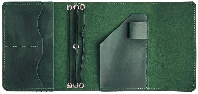 Main image of Genuine Leather A6 Journal Cover Refillable Handmade Notebook Cover with 3 Elastic Bands, Pen Loop & Card Pockets Travel Diary Case Fits A6 4.1" x 5.8" Notebooks (Paper Not Included), Green