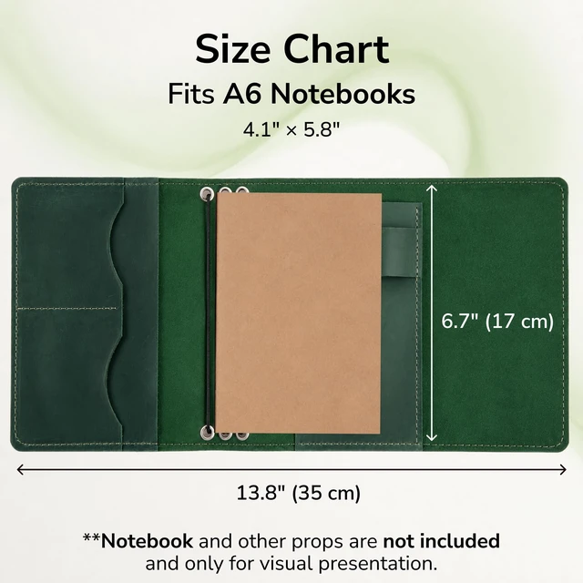 Alt view image 2 of 7 - Genuine Leather A6 Journal Cover Refillable Handmade Notebook Cover with 3 Elastic Bands, Pen Loop & Card Pockets Travel Diary Case Fits A6 4.1" x 5.8" Notebooks (Paper Not Included), Green