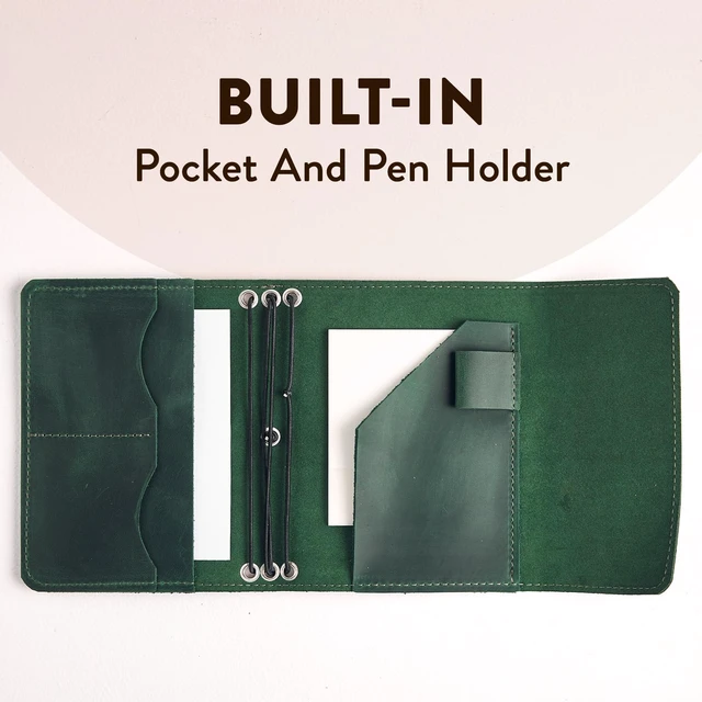 Alt view image 5 of 7 - Genuine Leather A6 Journal Cover Refillable Handmade Notebook Cover with 3 Elastic Bands, Pen Loop & Card Pockets Travel Diary Case Fits A6 4.1" x 5.8" Notebooks (Paper Not Included), Green