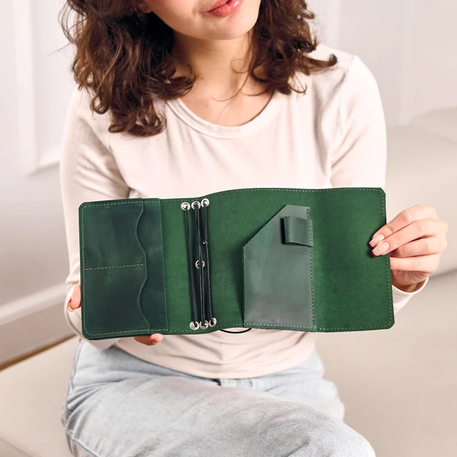 Alt view image 7 of 7 - Genuine Leather A6 Journal Cover Refillable Handmade Notebook Cover with 3 Elastic Bands, Pen Loop & Card Pockets Travel Diary Case Fits A6 4.1" x 5.8" Notebooks (Paper Not Included), Green