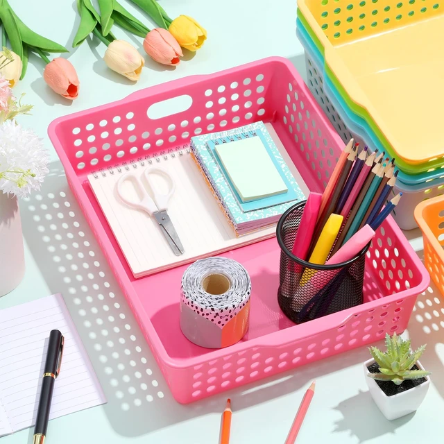 Alt view image 4 of 7 - 12 Pack TurnIn Paper Trays for Classroom, Candy Thick Plastic, Stackable Bin Baskets with Handles, For A4 Paper Storage, Teacher Classroom Use, Office & Home Organization