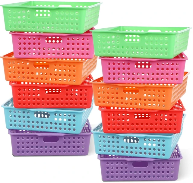 Main image of 12 Pack TurnIn Paper Trays for Classroom, Rainbow Thick Plastic, Stackable Bin Baskets with Handles, For A4 Paper Storage, Teacher Classroom Use, Office & Home Organization