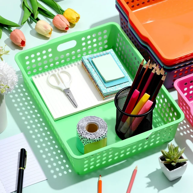Alt view image 4 of 7 - 12 Pack TurnIn Paper Trays for Classroom, Rainbow Thick Plastic, Stackable Bin Baskets with Handles, For A4 Paper Storage, Teacher Classroom Use, Office & Home Organization
