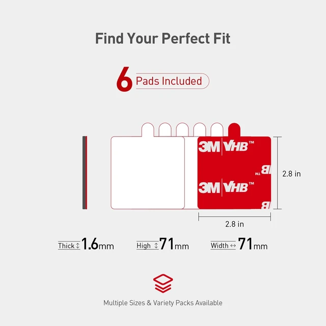 Alt view image 2 of 7 - 3M Double Sided Pads, Heavy Duty, 2.8" Square Adhesive Pad, 6 Pack Very High Bonding, Strong Adhesive, Heat, Weather Resistant Foam Pad for Dashboard, Dash Camera, GPS, Holder, Automotive