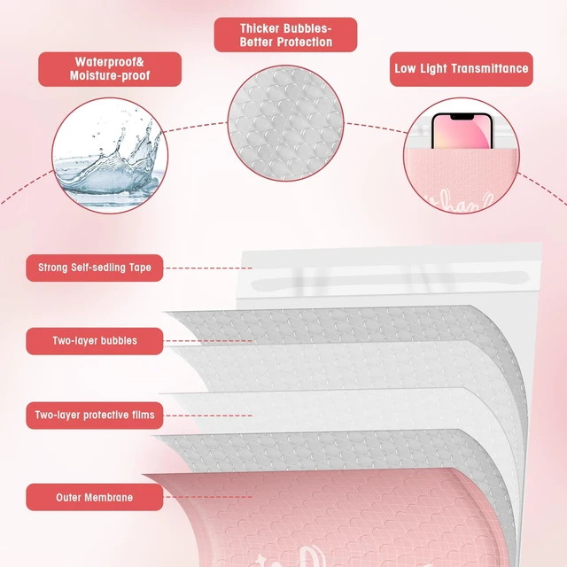 Alt view image 4 of 7 - Bubble Mailers 6x10 Inch Pink 100 Pack Waterproof Bubble Mailer Usable Size 6x9'' Padded Envelopes Self Seal, Cushioning for Gifts Packaging, Shipping, Mailing, Small Business Bulk