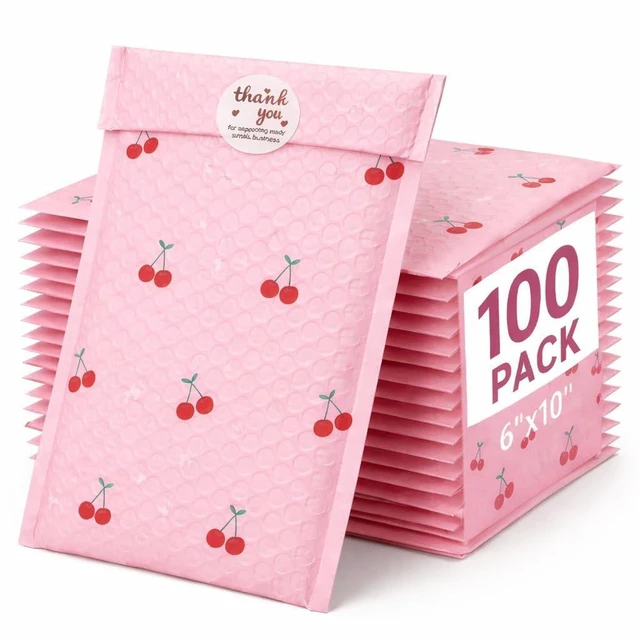 Main image of 6x10" Bubble Mailers 100 Pack Cherry Pattern Pink Padded Envelopes Usable Size 6x9" Waterproof Self Seal Cute Bubble Envelopes for Small Business Mailing Envelopes for Jewelry, Gifts #0