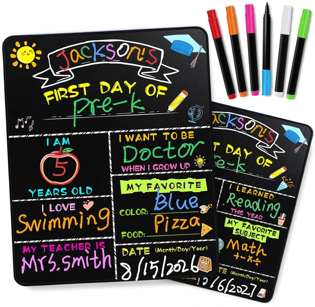 Main image of First Day of School Sign with 6 Liquid Chalk Markers, 14x11 Double-Sided First and Last Day of School Board for Kids Reusable Back to School Sign for Preschool, Pre-K, and Kindergarten