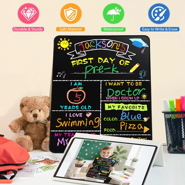 Alt view image 3 of 7 - First Day of School Sign with 6 Liquid Chalk Markers, 14x11 Double-Sided First and Last Day of School Board for Kids Reusable Back to School Sign for Preschool, Pre-K, and Kindergarten