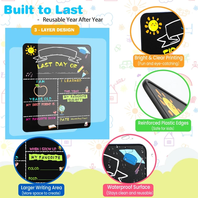 Alt view image 4 of 7 - First Day of School Sign with 6 Liquid Chalk Markers, 14x11 Double-Sided First and Last Day of School Board for Kids Reusable Back to School Sign for Preschool, Pre-K, and Kindergarten