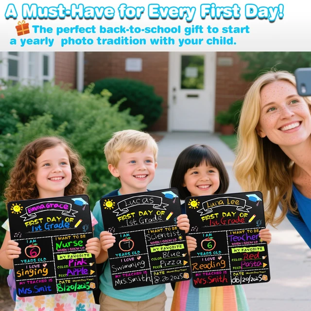 Alt view image 7 of 7 - First Day of School Sign with 6 Liquid Chalk Markers, 14x11 Double-Sided First and Last Day of School Board for Kids Reusable Back to School Sign for Preschool, Pre-K, and Kindergarten