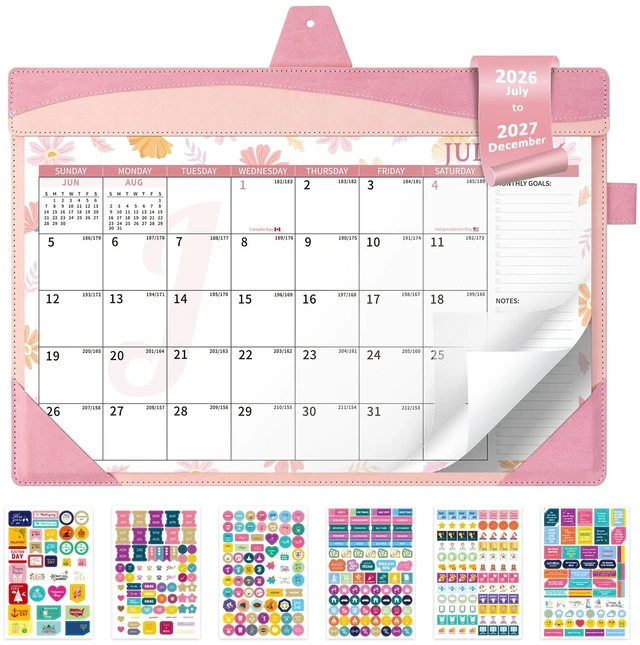 Main image of Leather Desk Calendar 2026-2027 Large 12"x17" Monthly Planner Pad with Protective Cover 18 Months Use July 2026 to December 2027 Pink Floral