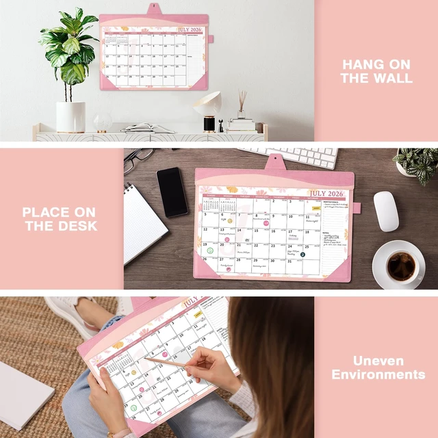 Alt view image 2 of 7 - Leather Desk Calendar 2026-2027 Large 12"x17" Monthly Planner Pad with Protective Cover 18 Months Use July 2026 to December 2027 Pink Floral