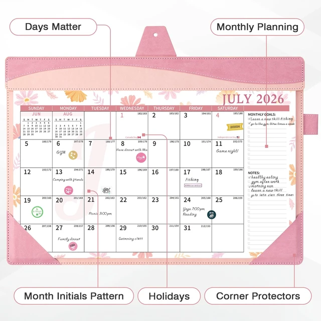 Alt view image 3 of 7 - Leather Desk Calendar 2026-2027 Large 12"x17" Monthly Planner Pad with Protective Cover 18 Months Use July 2026 to December 2027 Pink Floral
