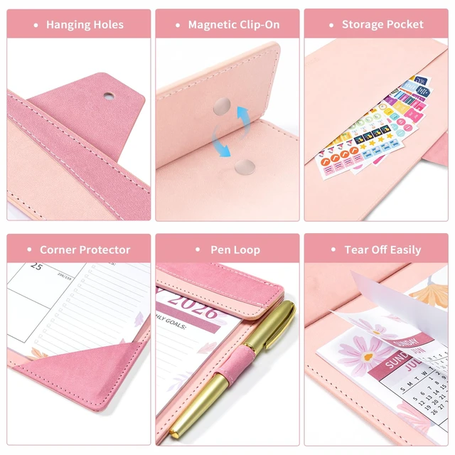 Alt view image 4 of 7 - Leather Desk Calendar 2026-2027 Large 12"x17" Monthly Planner Pad with Protective Cover 18 Months Use July 2026 to December 2027 Pink Floral