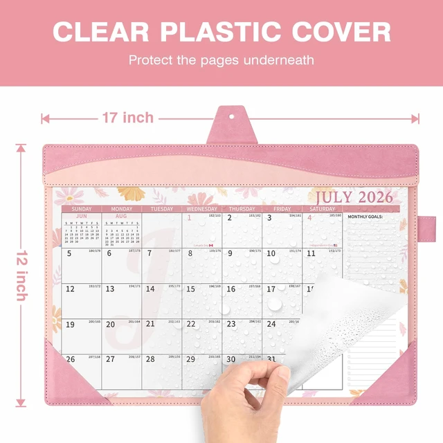 Alt view image 5 of 7 - Leather Desk Calendar 2026-2027 Large 12"x17" Monthly Planner Pad with Protective Cover 18 Months Use July 2026 to December 2027 Pink Floral