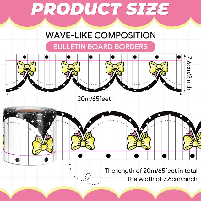 Alt view image 2 of 6 - 65ft Pencil Bow Bulletin Board Border, Lined Paper Polka Dot Trim Composition Notebook Lined Design, Scalloped Black Polka Dot Edges, Classroom Office Chalkboard Decor, DIY Craft Border