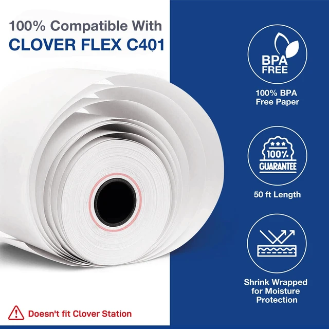 Alt view image 4 of 6 - Thermal Paper Rolls Compatible for Clover Flex C401, C403, C405-100 Rolls 2.25 inch x 50ft - BPA Free