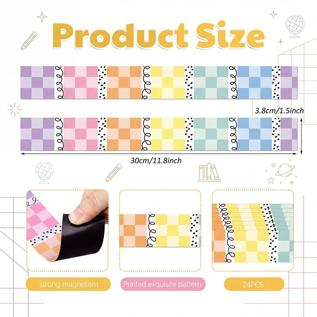 Alt view image 2 of 6 - 24 Pcs Pastel Checkerboard Magnetic Borders for Classroom Squiggles and Dots Whiteboard Magnetic Strips Bulletin Board Borders 1.5 x 11.8 Inch School Classroom Chalkboard Trim for School decor