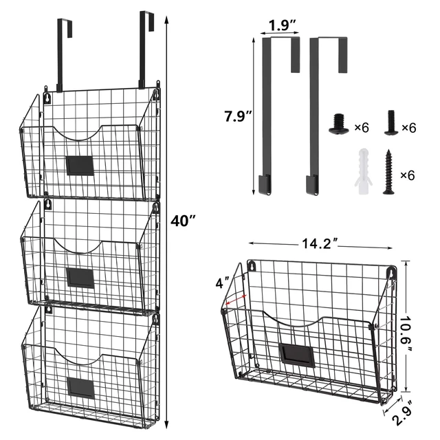 Alt view image 2 of 7 - 3-Tier Hanging Wall Files with Door Hooks and 6pcs S Shape Hooks Over the Door File Organizer & Mounts on Wall Metal Folder, with Tag Slot Great for Office Home and Work, Black