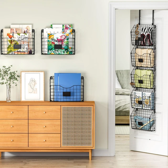 Alt view image 4 of 7 - 3-Tier Hanging Wall Files with Door Hooks and 6pcs S Shape Hooks Over the Door File Organizer & Mounts on Wall Metal Folder, with Tag Slot Great for Office Home and Work, Black