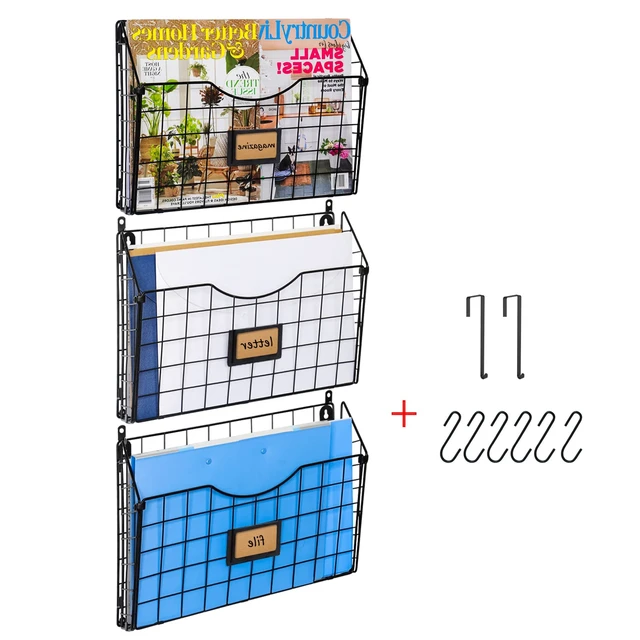 Alt view image 3 of 7 - 3-Tier Hanging Wall Files with Door Hooks and 6pcs S Shape Hooks Over the Door File Organizer & Mounts on Wall Metal Folder, with Tag Slot Great for Office Home and Work, Black