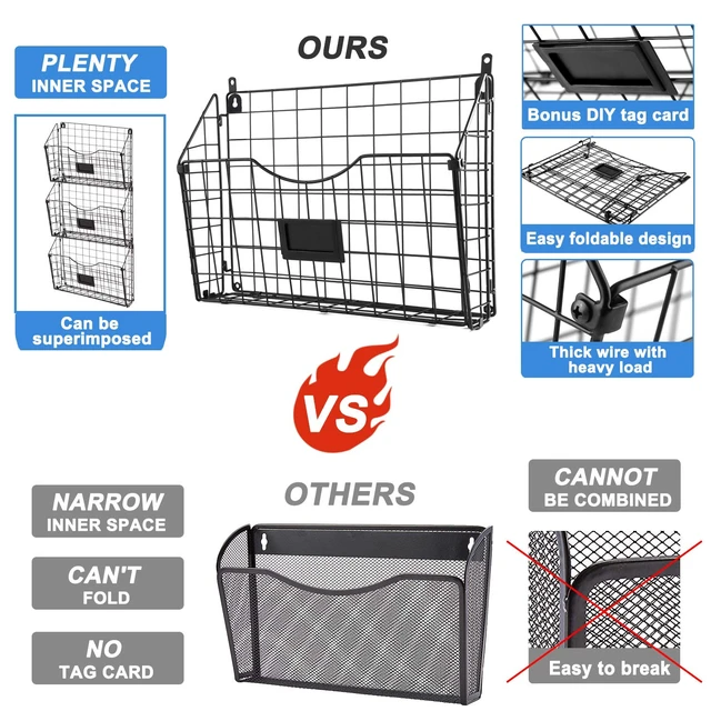 Alt view image 5 of 7 - 3-Tier Hanging Wall Files with Door Hooks and 6pcs S Shape Hooks Over the Door File Organizer & Mounts on Wall Metal Folder, with Tag Slot Great for Office Home and Work, Black